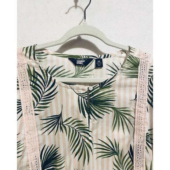 Lands End Top Womens 2X Pink White Striped Palm Tropical Long Sleeve Tunic Boho - Picture 3 of 9